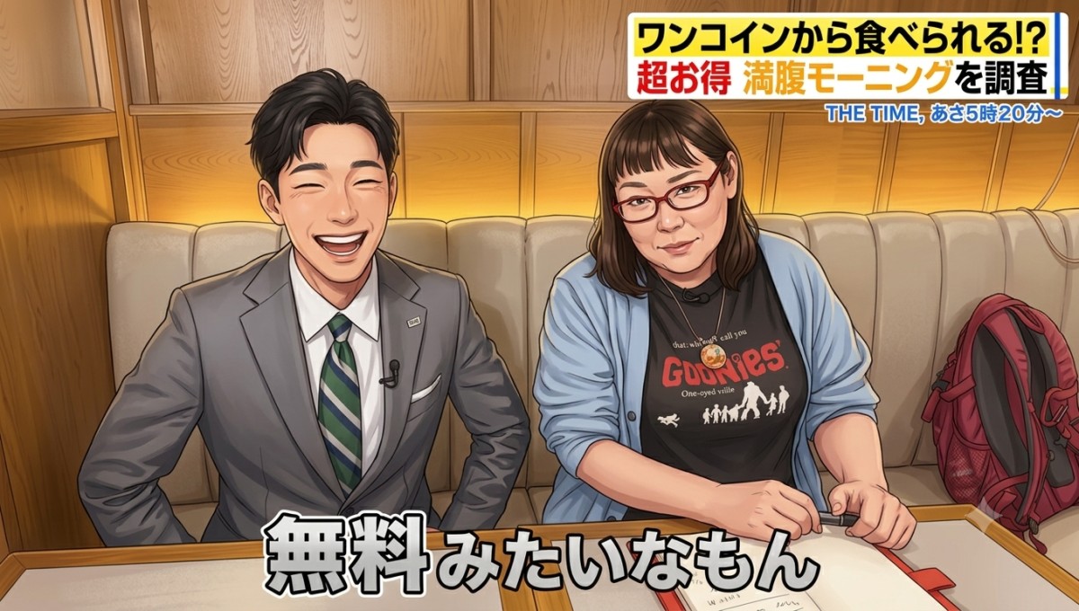 TBS『THE TIME,』で、チェーン店モーニング食べ歩き。すっかり慣れてドヤ顔の私。最近は、小沢アナ（左）と朝食をご一緒することが多いです（イラストはAIに書いてもらったんだけど、ちょい美人になってて笑う）