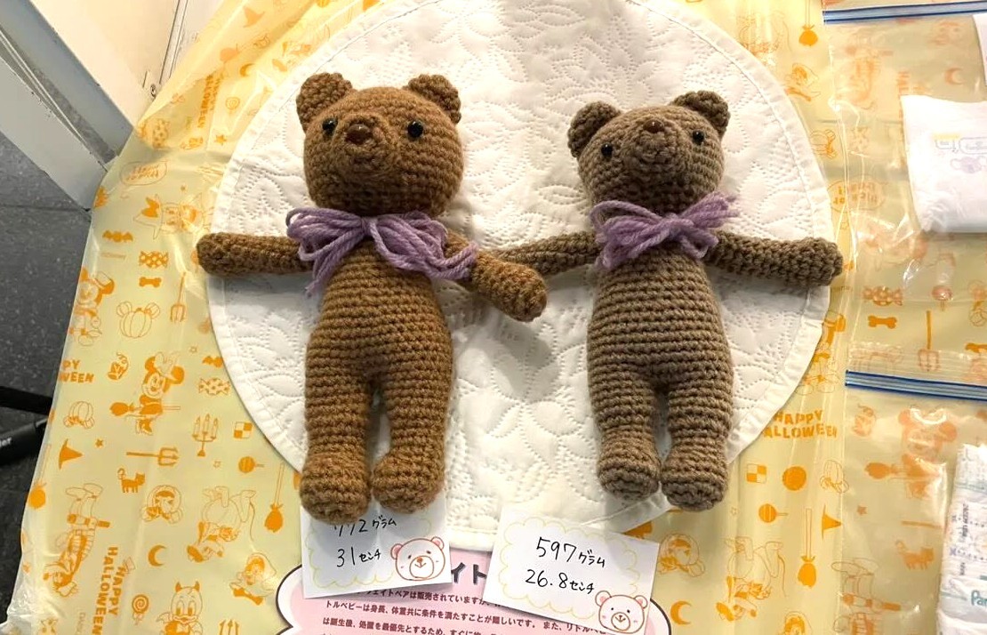 772g、31cmのウエイトベア（左）と、597g、26.8cmのウエイトベア。いずれも小さく生まれた子どもと同じ体重で作りました