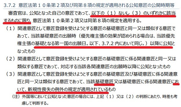 意匠審査基準 「第Ⅴ部 関連意匠」７ページ 3.7.2 意匠法第１０条第２項及び同第８項の規定が適用される公知意匠の公開時期等