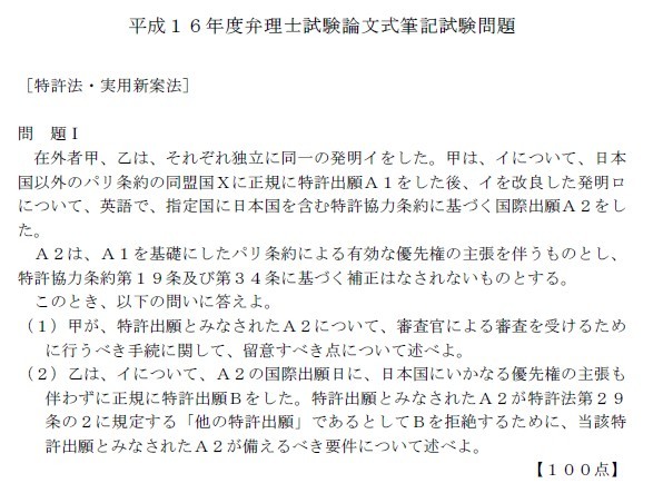 平成１６年度弁理士試験論文式筆記試験問題　特許法・実用新案法 問題I
