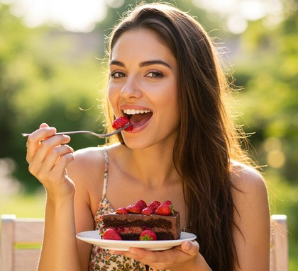 いちごが乗ったチョコレートケーキを食べている女性