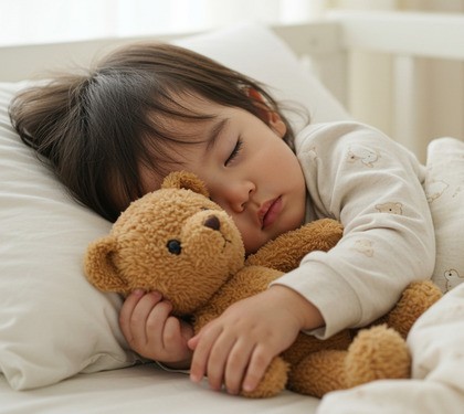 くまのぬいぐるみを抱きしめながら眠る2歳児