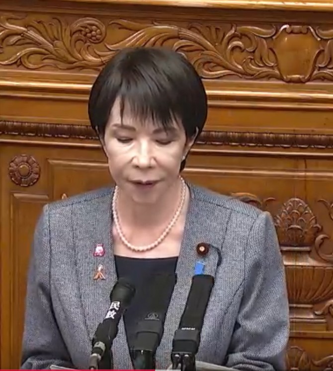 参議院代表質問で「新事実はない」と答弁する高市首相（11月5日参議院インターネット中継より）