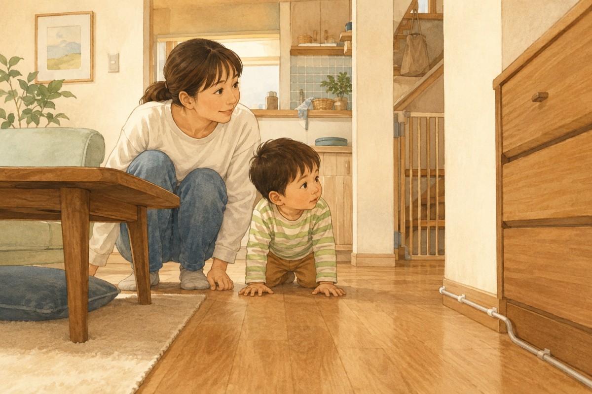 立ったままでは見えにくい低い棚やコードも、床に近い目線では生活動線の一部として見えてきます。