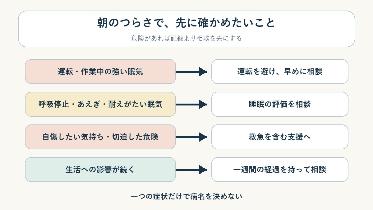 事故につながる眠気や呼吸の異常、強い気分の落ち込みは、生活の工夫だけで待たないサインです。