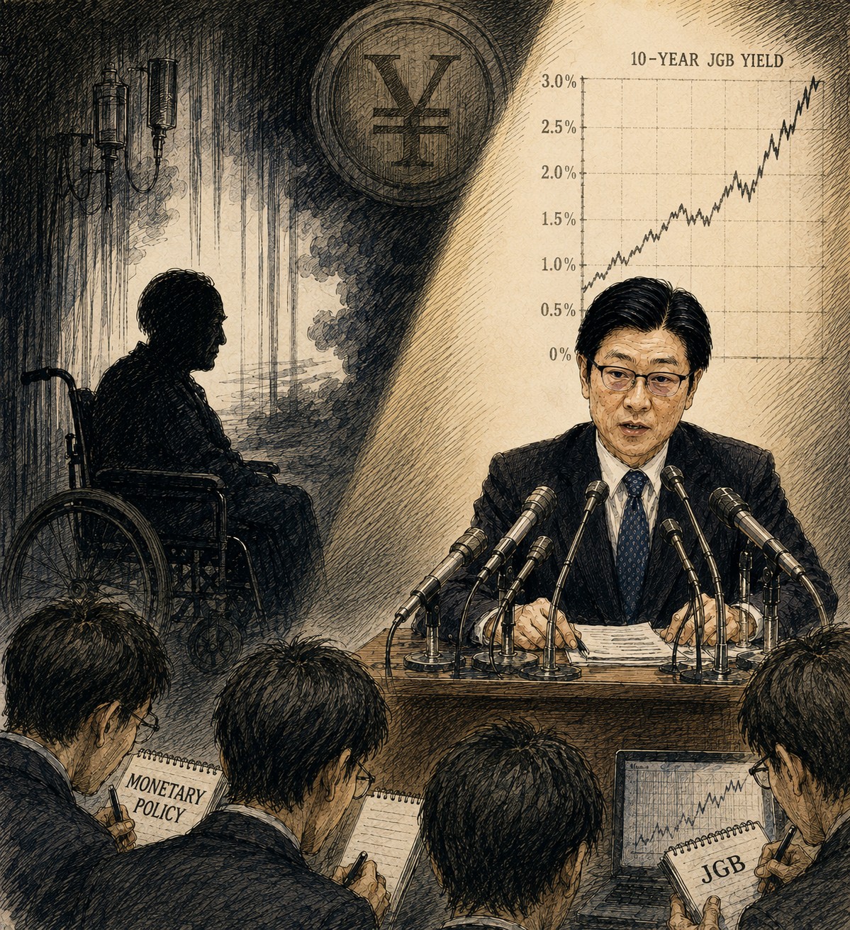 6月16日の利上げ決定後の総裁会見には入院中の植田総裁に代わって、内田副総裁が登場した(イラストはイメージ)