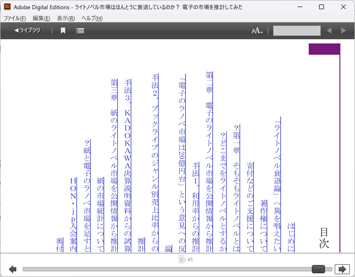 Adobe Digital Editions(ADE)で日本語縦書きリフローEPUBを開くと、なぜか目次が下揃えになってしまったり、行末にあるはずの「?」が行頭へ移動したり、縦中横が効かなかったりします。とても実用には耐えられないビューアです。もう何年も前からこの有様は直らないままです。