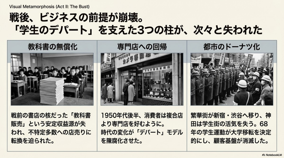 教科書販売については戦後もある種の利権、安定的な売上基板ではあったはずだが、三省堂の社史では戦前の教科書販売の方がよほど儲かったみたいなことが書いてあるので、ここでは公式見解を採用。まあ、子ども～学生が激減してだんだん大人の街になっていったのはたしか。戦前の神保町にはカフェーもあって、夜にはネオンがあやしく光る通りもあり、いまのような雰囲気とは違った