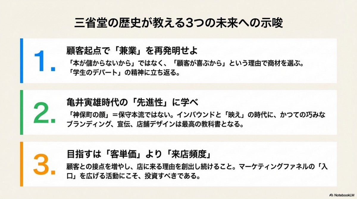 3点目はなんでAIがこんなふうにまとめたのかよくわからない。本屋を知ってもらう、楽しそうと思って来てもらうといった入り口（認知）の部分はもちろん大事だけど、来店頻度も客単価もどちらも重要。「学生のデパート」は商材の多角化による客単価の最大化もはかるものだったので、このまとめはおかしい