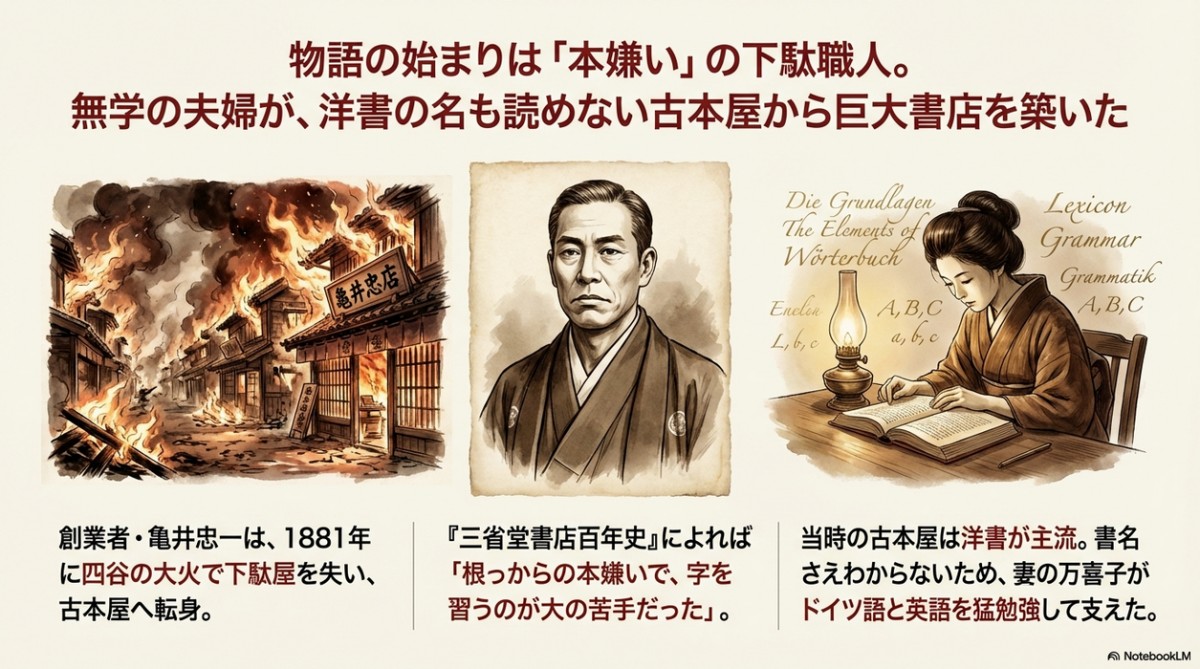 明治から昭和初期まで神保町は何度も火災に見舞われており（関東大震災、東京空襲含め）、三省堂もほぼ毎回被災している