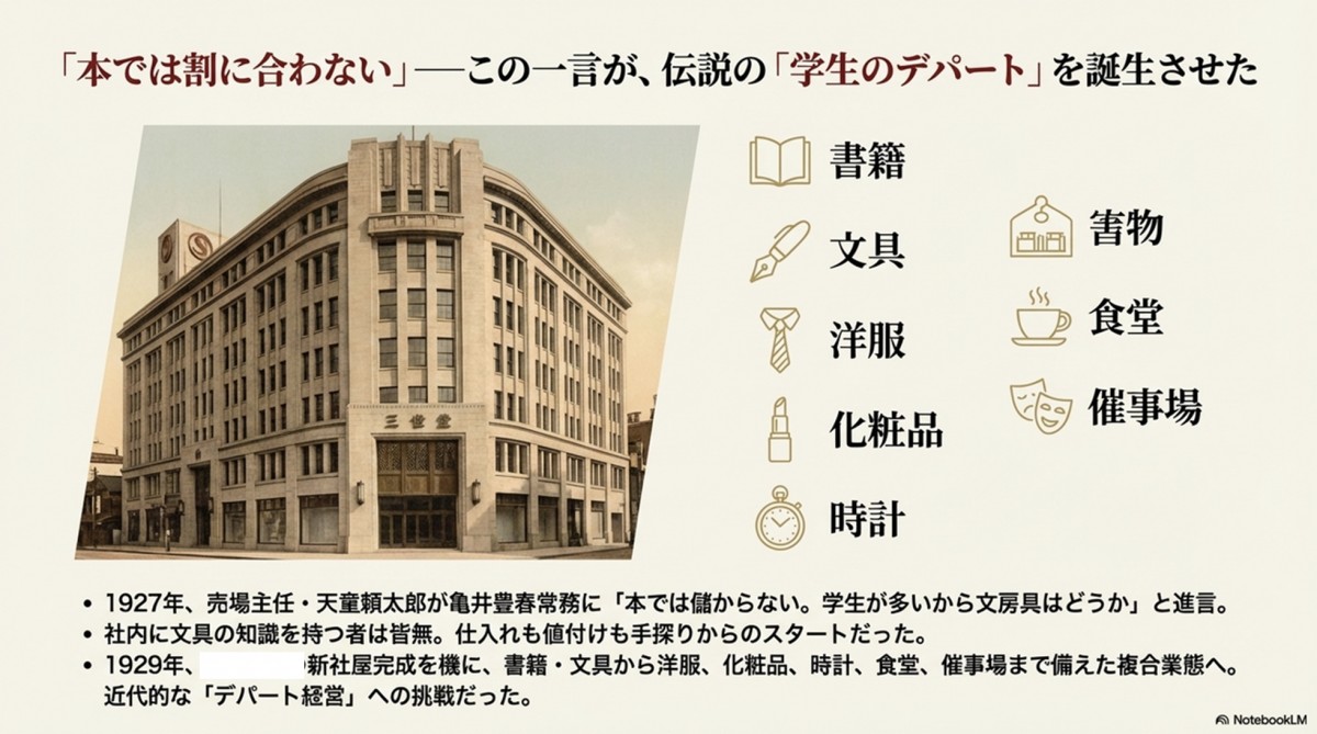 ※こんな建物ではないです　これはAIがつくったイメージ図。当時、百貨店という小売の業態が新奇に登場して従来型の個人商店を都市部では駆逐していったのに対抗して、本屋も多角化し、近代的な店構えにするのだという動きがあった。たとえば横浜の有隣堂も同様。