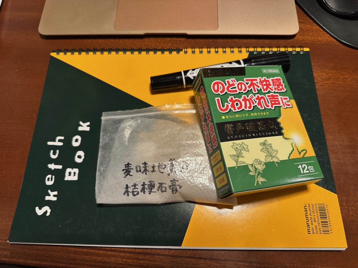 響声破笛丸、中医師の先生に処方された桔梗石膏、筆談するために買ったスケッチブックとマジックマーカー（筆者撮影）