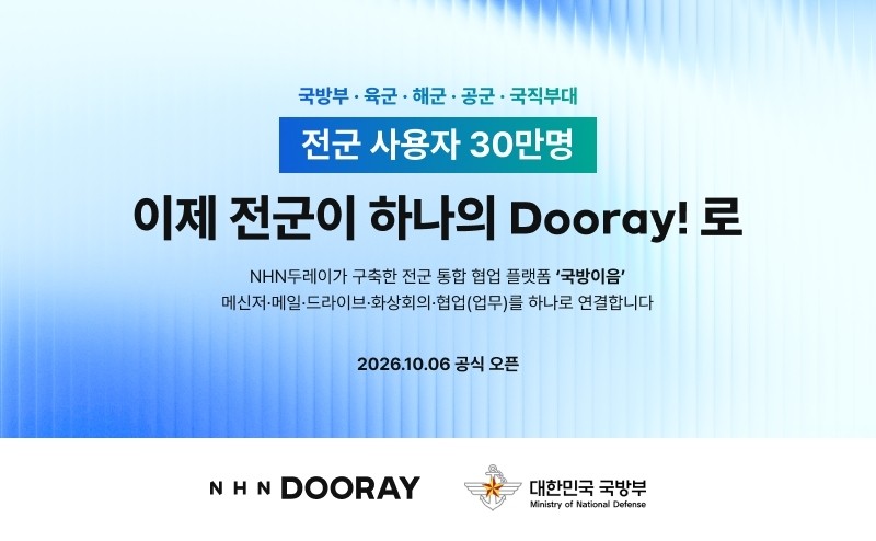 「これかは全軍がひとつのDooray!を」というバナー。国防部とNHNの連名で出されている。10月6日に公式オープンしたとある。NHN DOORAY提供。
