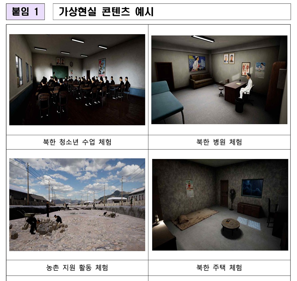 実際の画面。左上から時計回りに「北朝鮮の青少年の授業体験」、「北朝鮮の病院体験」、「農村支援活動の体験」、「北朝鮮の住宅体験」となります。統一教育院資料より引用。
