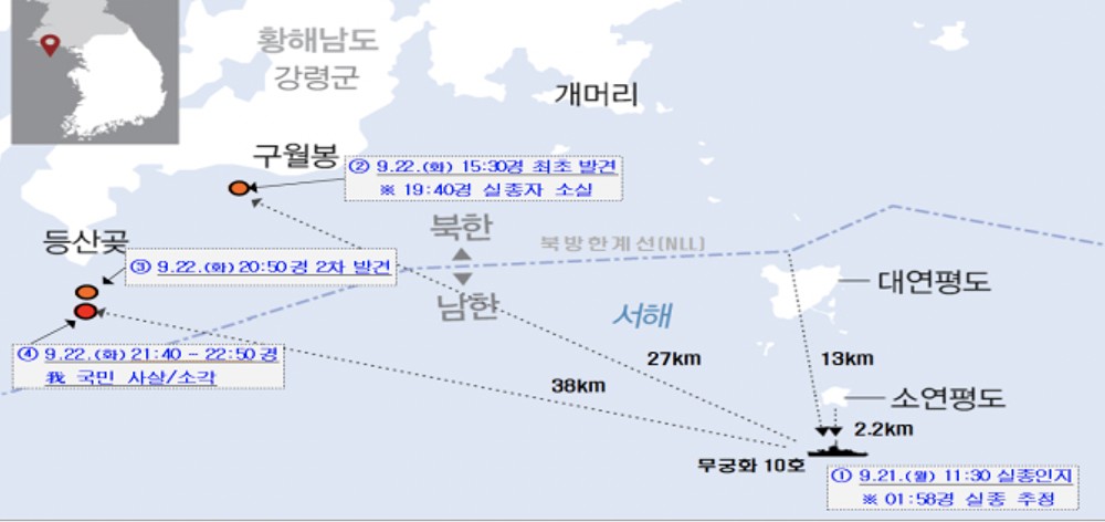 事件当時の状況を表した地図。中間の点線がNLL（北方限界線）で、南北を分けるもの。小延坪島①で失踪したイ氏は38キロ離れた④地点で北朝鮮軍により射殺・焼却された。