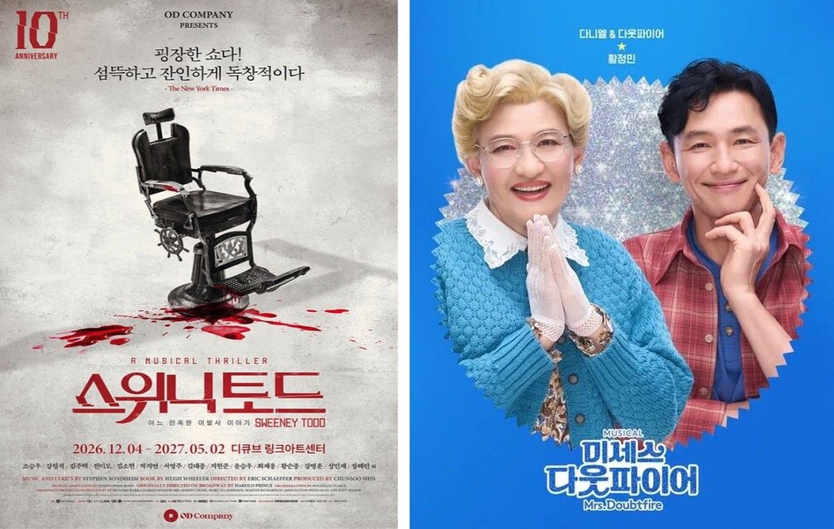 左：チョ・スンウが出演する『スウィーニー・トッド』（ODカンパニー公式Instagram @od_musical より）、右：ファン・ジョンミンが出演する『ミセス・ダウトファイア』（公式Instagram @mrs.doubtfire_musical_kr より）
