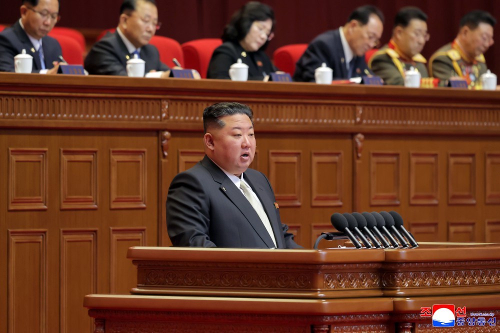 第9回党大会で発言する金正恩氏。朝鮮中央通信より。
