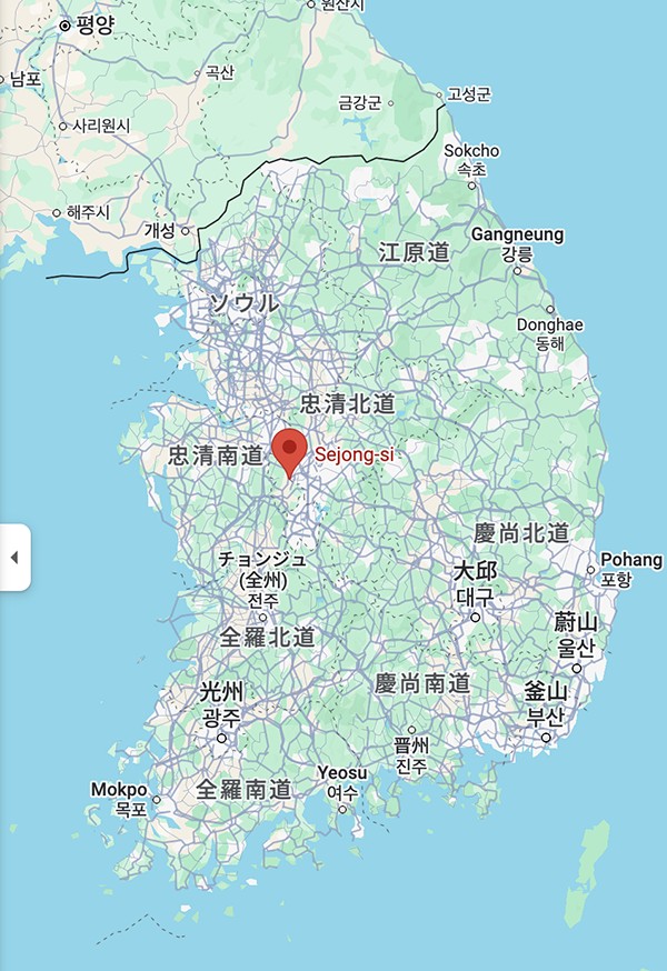 世宗市の位置。赤いところです。googleより。