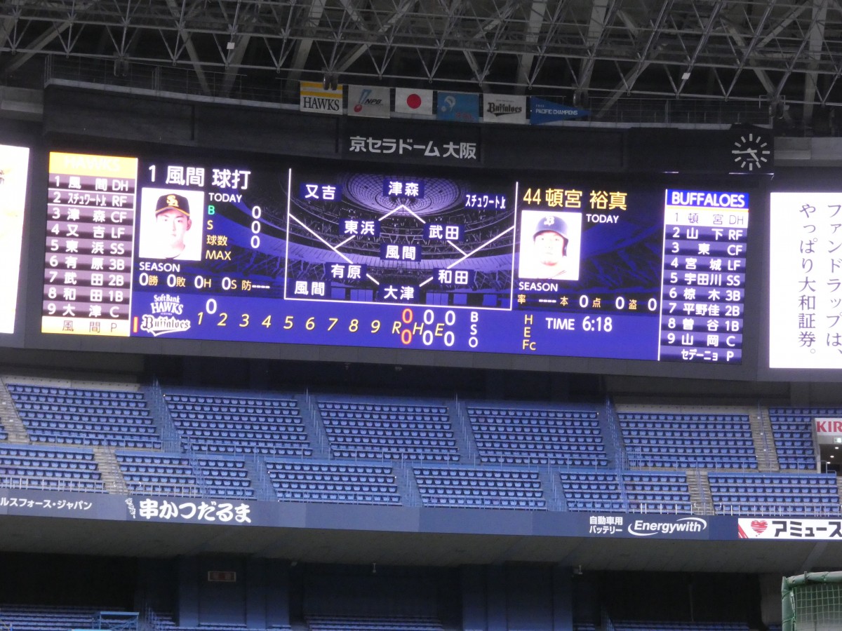 京セラドームのビジョンも明日へ向けて準備。ん?風間投手が「大谷ルール」で二刀流!?