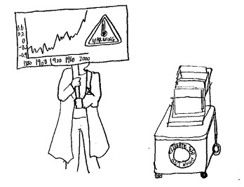 プラカードにも、地球の気温の変化を示すグラフを載せている