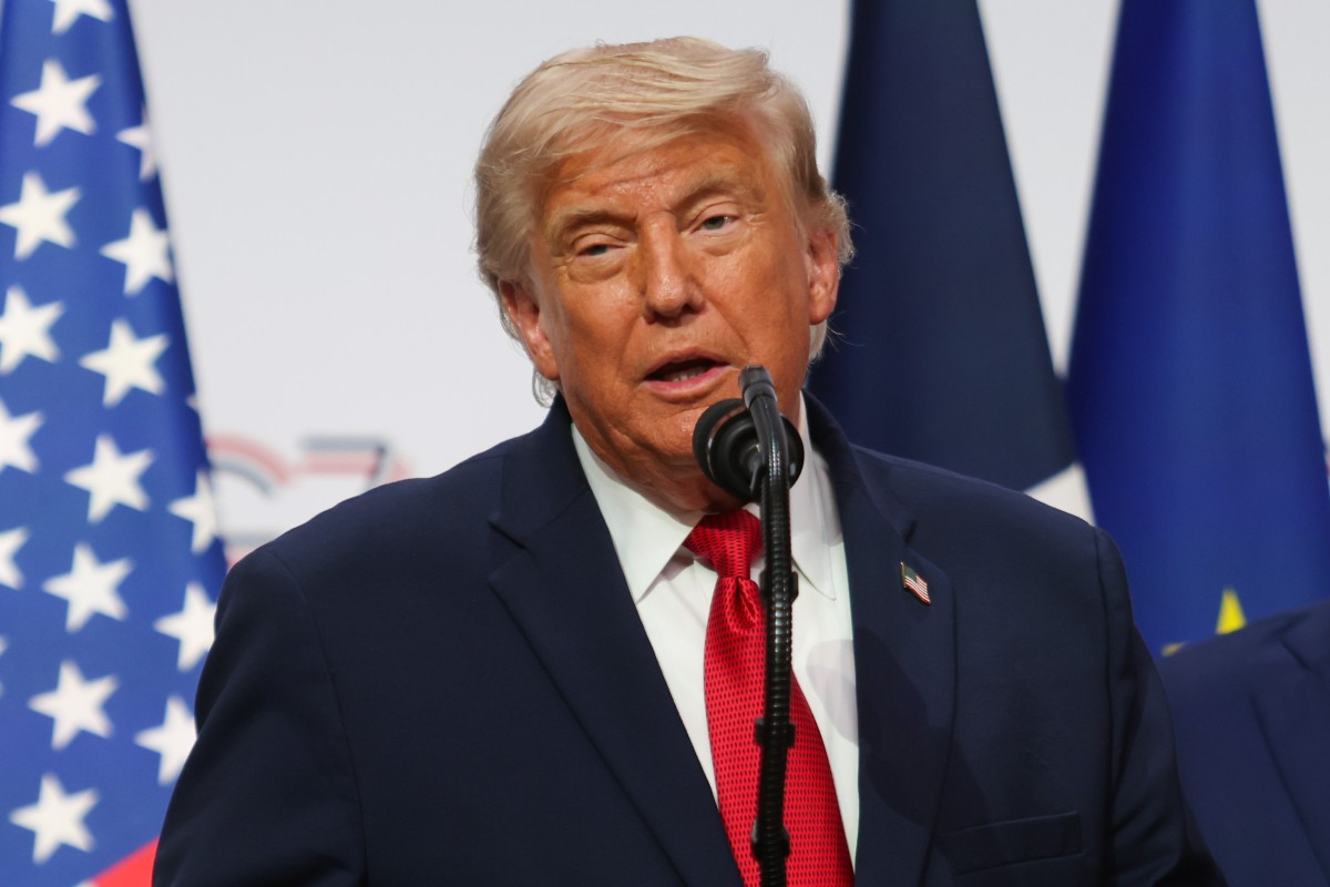 主要7カ国首脳会議の閉幕後に記者会見に臨むアメリカのトランプ大統領=2026年6月17日、フランス・エビアン、坂本進撮影