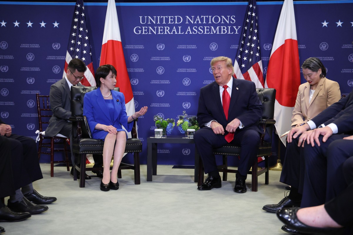 首脳会談に臨む高市早苗首相（左）とトランプ米大統領=2026年9月22日午後1時9分、米ニューヨークの国連本部、岩下毅撮影