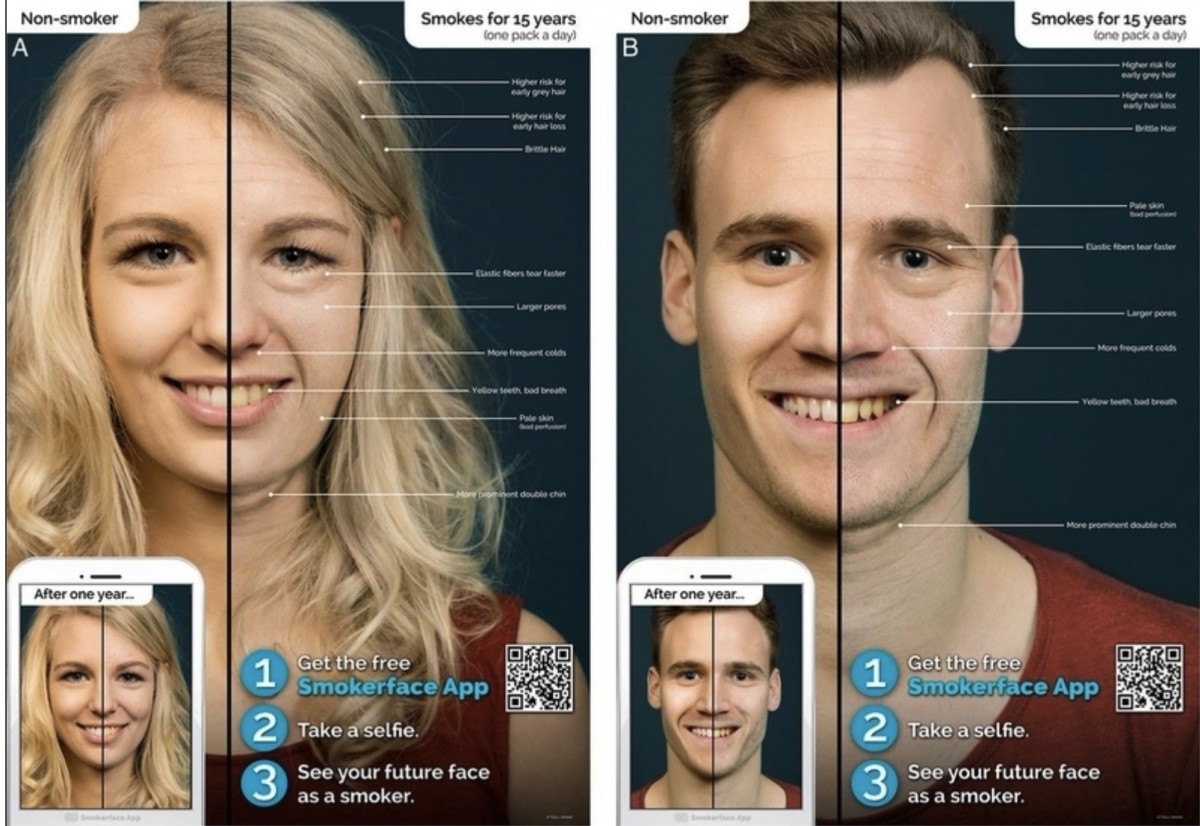 ドイツの中学生に見せたスマホアプリのポスター。17歳くらいの若い男女の顔写真が、喫煙顔に分けられている。via. T Brinker, et al., "Photoaging smartphone app promoting poster campaign to reduce smoking prevalence in secondary schools: the Smokerface Randomized Trial: design and baseline characteristics." Vol.6 Issue11, BMJ, 2016