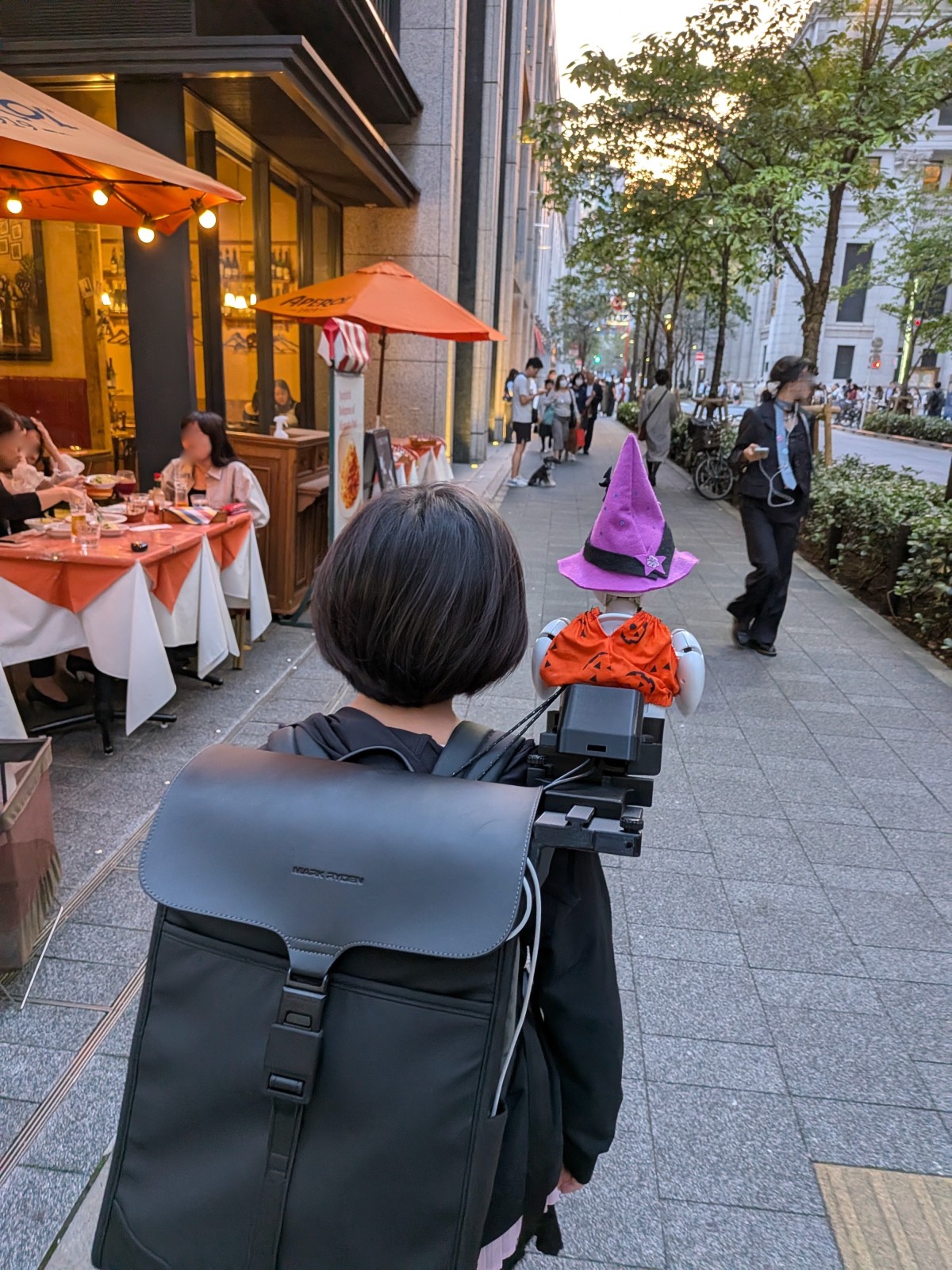 去年の秋。ロボを肩に載せて日本橋を散策する娘。さまざまな事情から家を出られないパイロットさんがロボを遠隔操作し、観光案内してくれる。