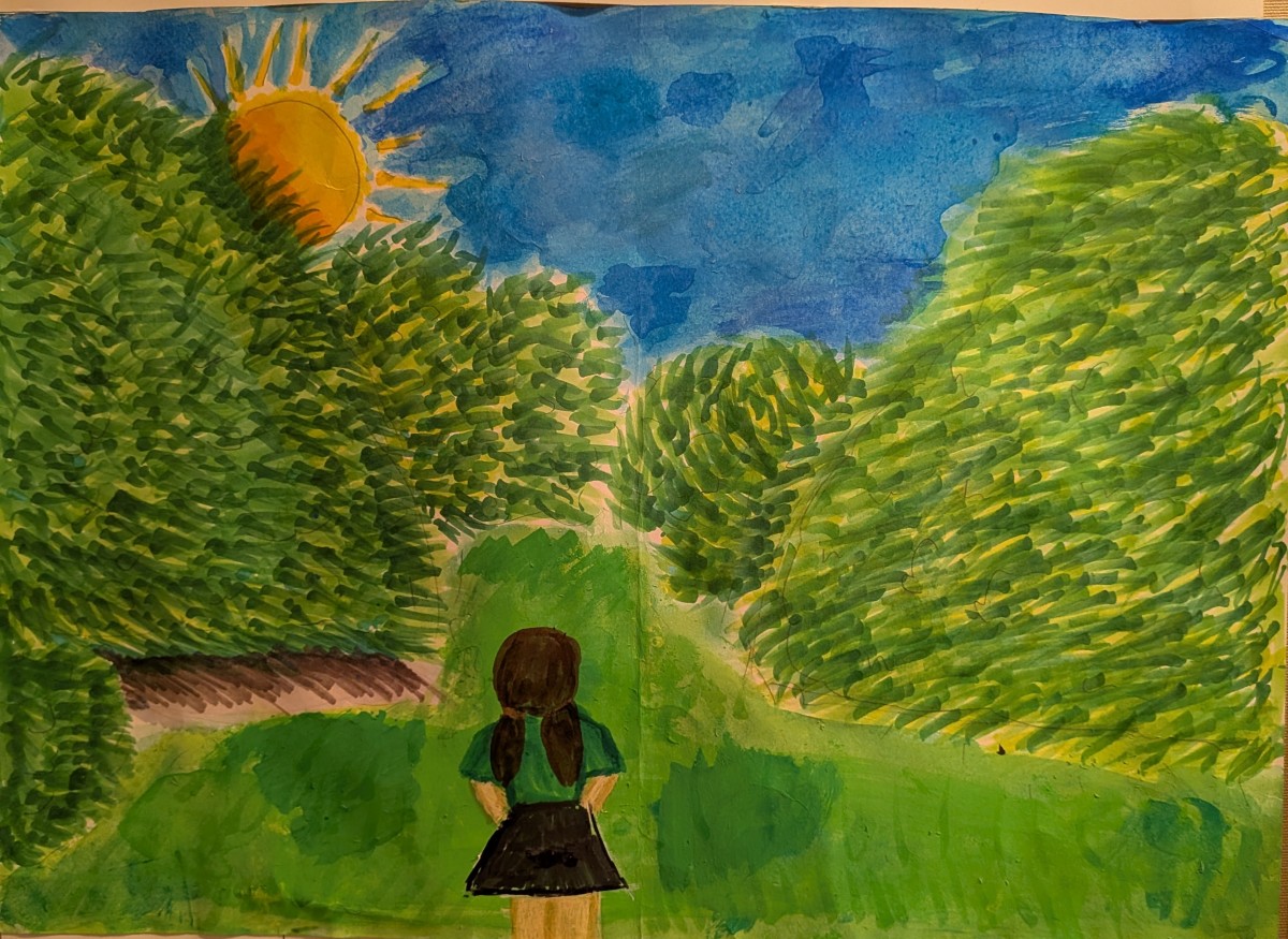 緑がいっぱいの公園に少女が佇んでいる。少女の服も緑色で、後ろ姿が描かれている。深いブルーの青空。木立の向こうから明るい太陽がのぞいている。