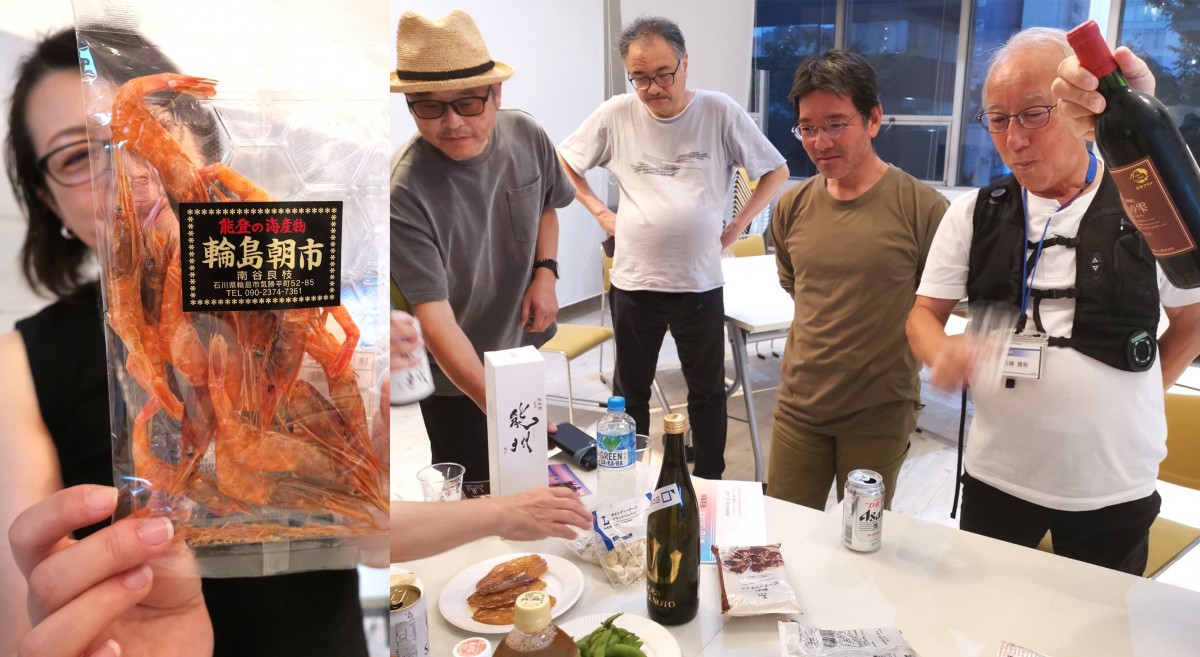 輪島朝市の干物(左)と能登の地酒や地ワインを味わう参加者の皆さん=写真提供・美崎政雄さん