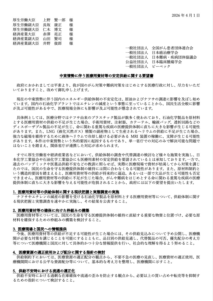 厚労労働省と経済産業省に提出された要望書