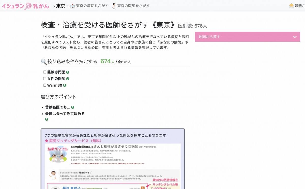 イシュランの乳がんのページ。「乳腺専門医」「女性の医師」、患者の口コミ評判のいい30人に入ったことのある医師などで絞り込め、地域別に探すこともできる。