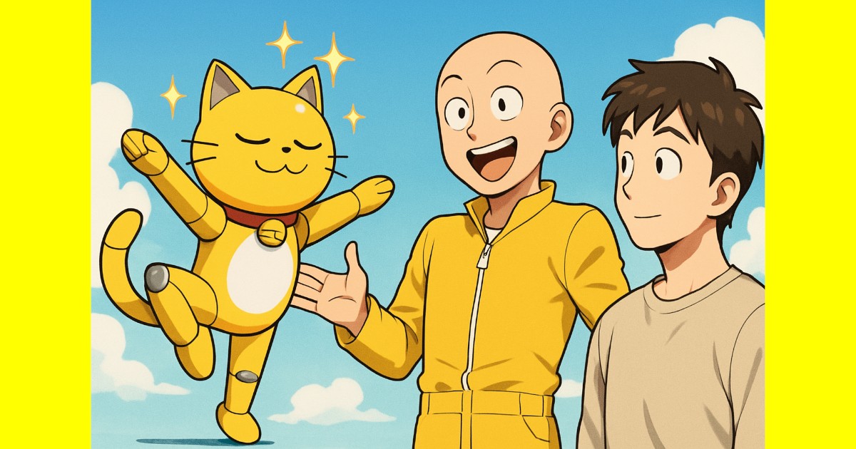 AIさんに描いてもらった、黄色い猫ロボットを友達に自慢する黄色いハゲ