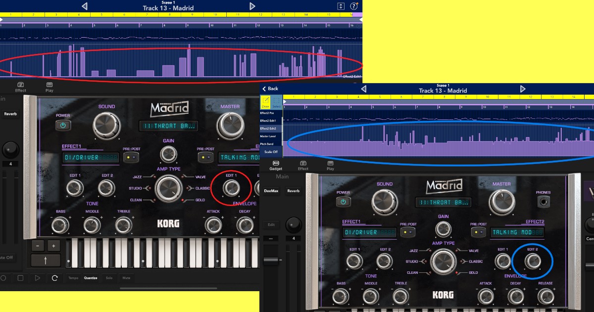 Madridガジェット画面。Talking modulationツマミ位置次第では、MOTHER2のゲップーそっくりな音がします。おええええ