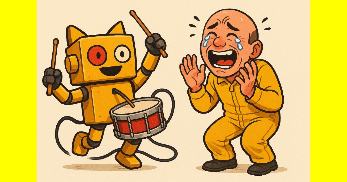 AIさんに描いてもらった、ケーブルを替えたら動いたスネアねこびっとくんと嬉し泣きする黄色いハゲ