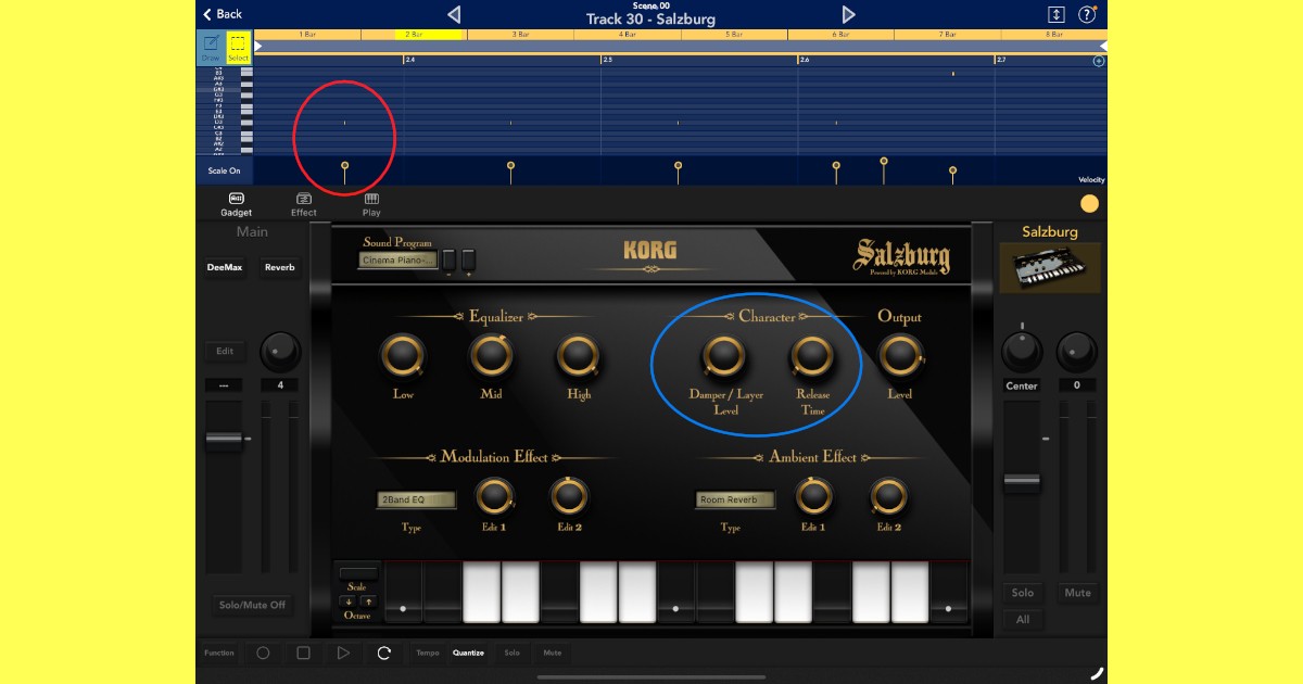 Salzburgガジェット画面。赤丸部分がものすごく短く入れてノイズ音にしたところ。青丸部分がダンパーとリリース設定ツマミ。高音域では金属音みたいになったり、デュレーション短いのにペダル踏みっぱなしにすると鳴り続けるノイズ(うるさい)になったりいろいろできます。