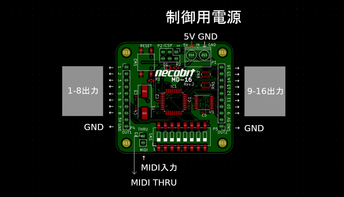 necobit 製品 MIDIメカニカルシステム MD-16 接続図