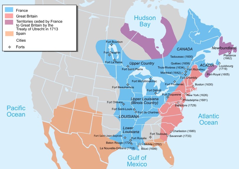 1750年当時の北アメリカと各国の勢力図。ピンクと紫がイギリス領、青がフランス領、オレンジがスペイン領(作成者:Pinpin)