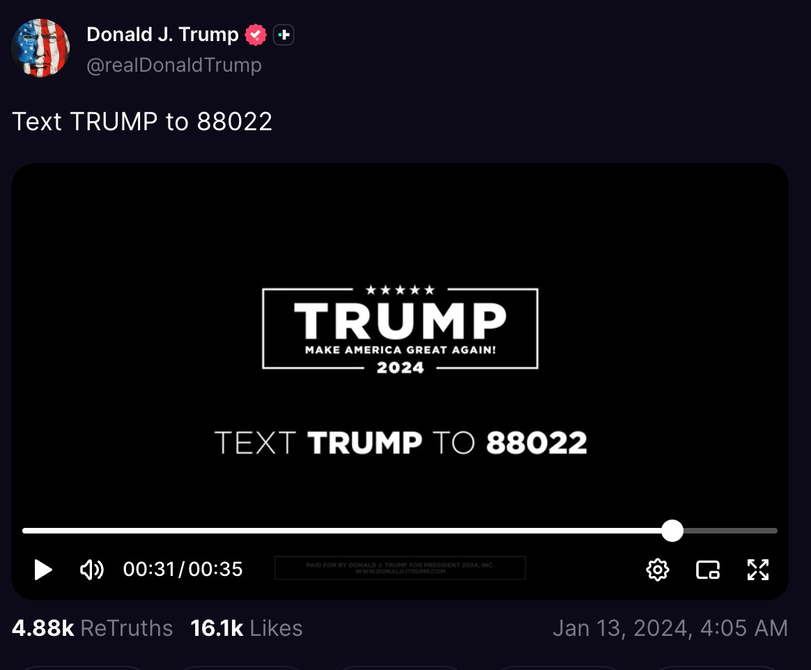 [16] Donald J. Trump（@realDonaldTrump）、Truth Social投稿、2024年1月12日。