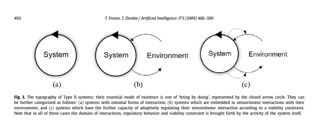 「Enactive artificial intelligence: Investigating the systemic organization of life and mind」p.492に掲載された図3。システムのタイプを、環境との関わり方を通して分類している。(a)は外とほとんど関わらず、(b)は環境と往復し、(c)はその往復のしかた自体を調節する。三つとも、やり取りの範囲も調節の仕方も生き延びられる幅も、システム自身の活動が生み出している。