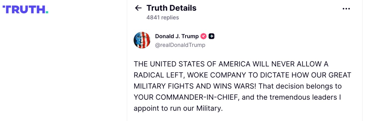 トランプ氏によるTruth(SNS)への投稿より一部キャプチャー