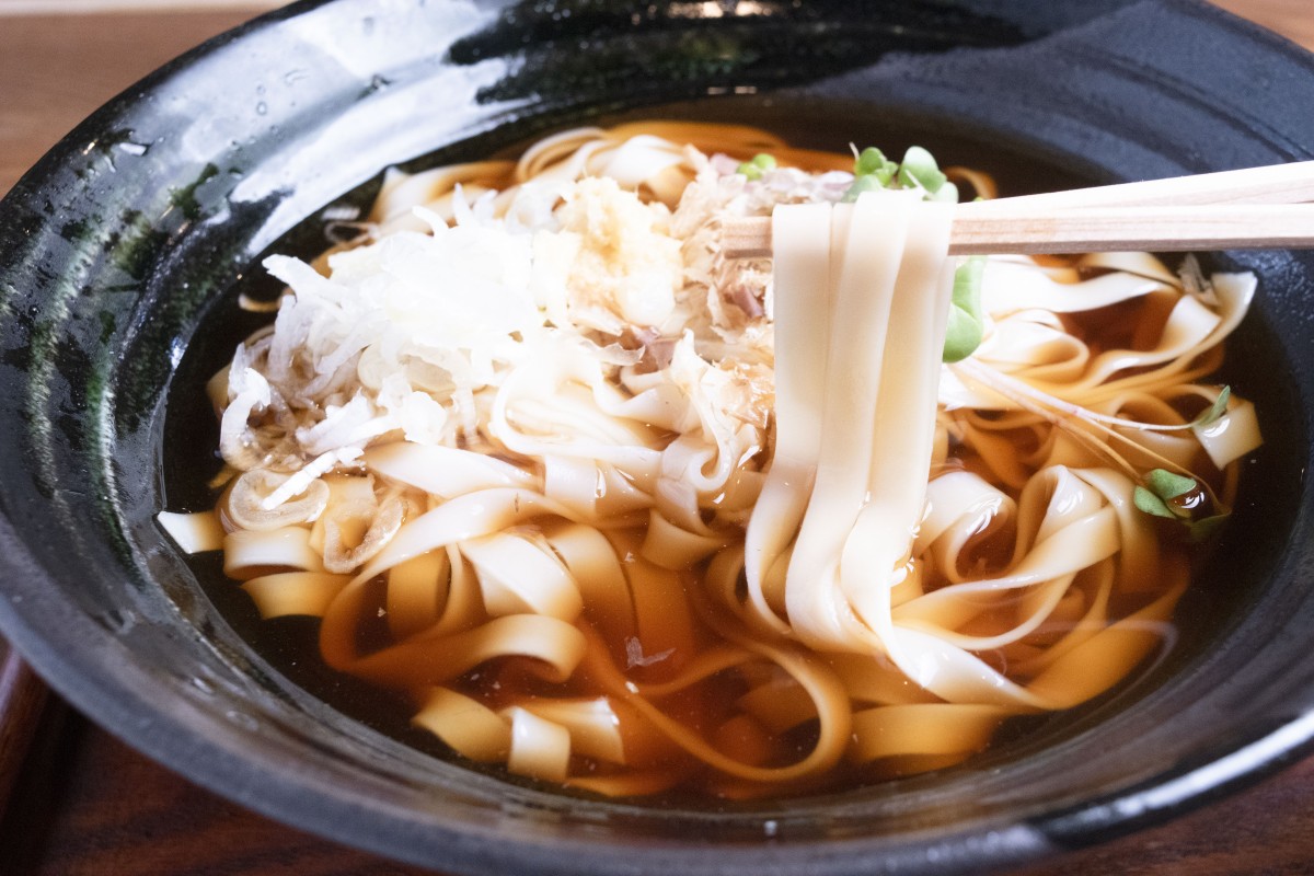 幅が狭くて薄いきしめん。するするとスムーズにのどを通っていく。具はネギ、大根おろし、しょうが、かいわれ大根、かつおぶしといたってシンプル