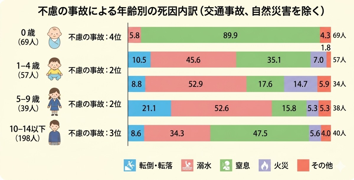 不慮の事故による年齢別の死因内訳