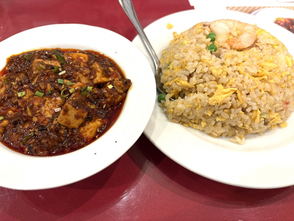 四川風麻婆豆腐、舐めてた……。このあと胃をやられました。炒飯は美味し、ちょっとお酢をかけて食べるのが好み