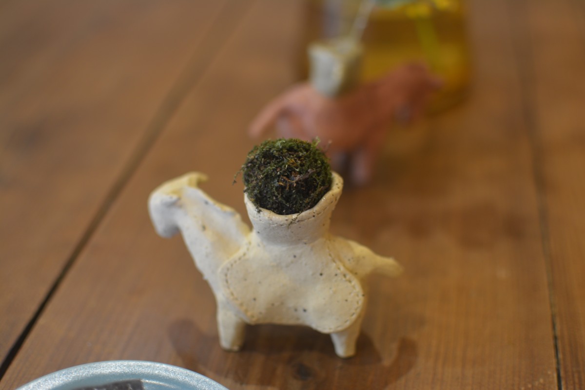 のんちゃん（石花菜さん）の作ってくれたロバに、ひーくんがどこからか剥がしてきた苔が放置されていたので、丸めて苔玉にしてみた。苔玉を運ぶロバ・・・かわいい。