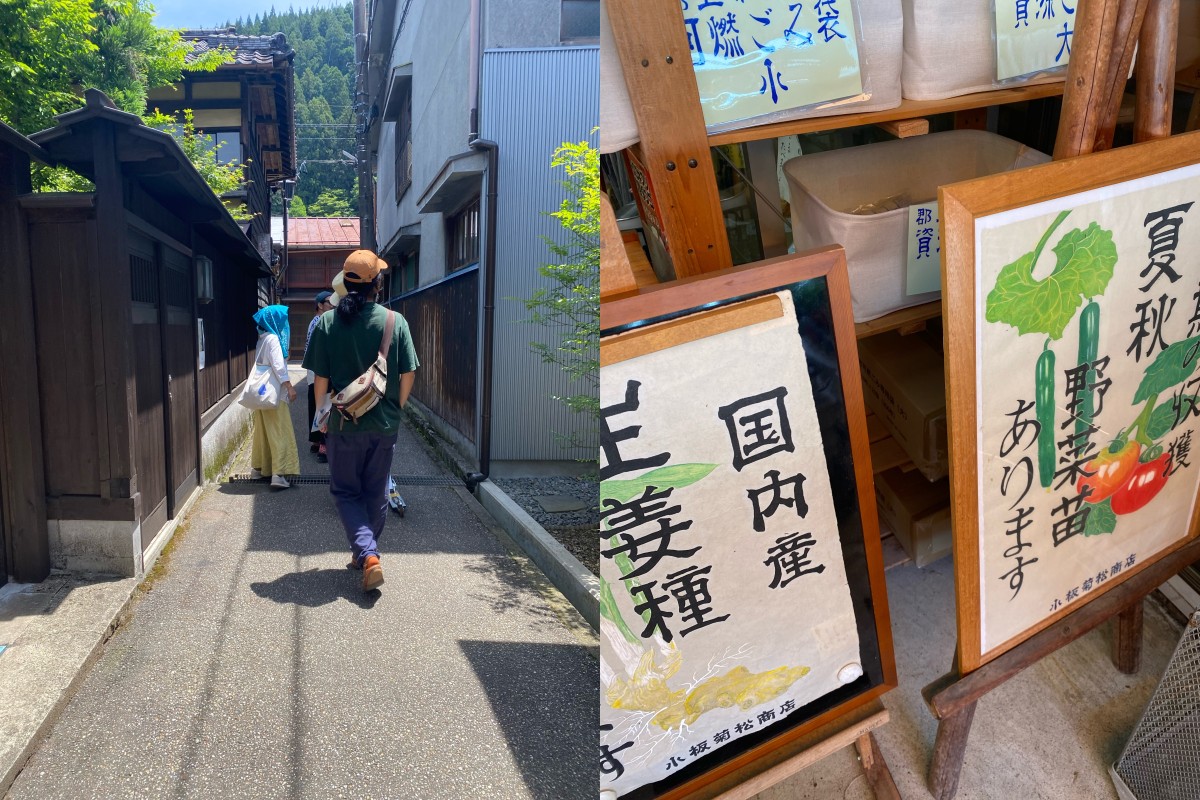 細い路地、木の塀が連なる郡上八幡のまち(左)タネばら売り、オリジナルなフォントもかっこいい「小板菊松商店」さん(右)