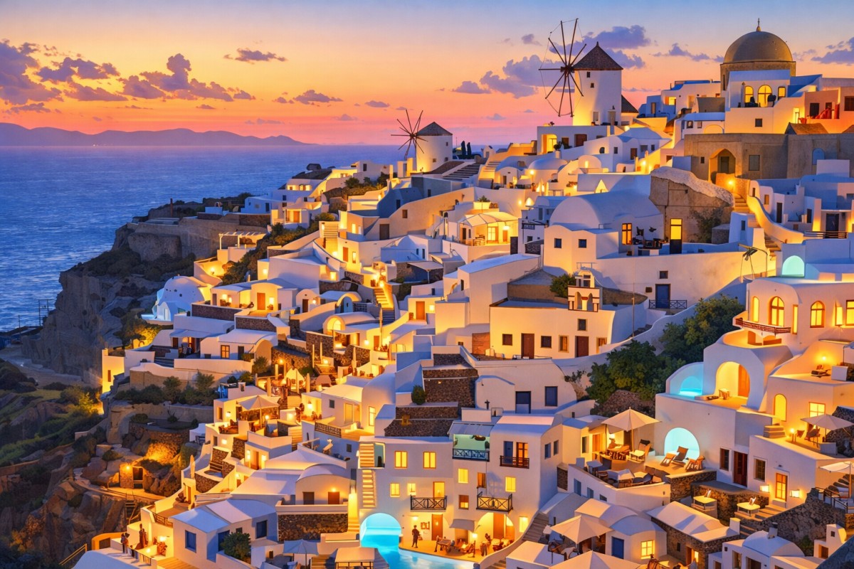 サントリーニ島のマジックアワー（イメージ、AI作成）