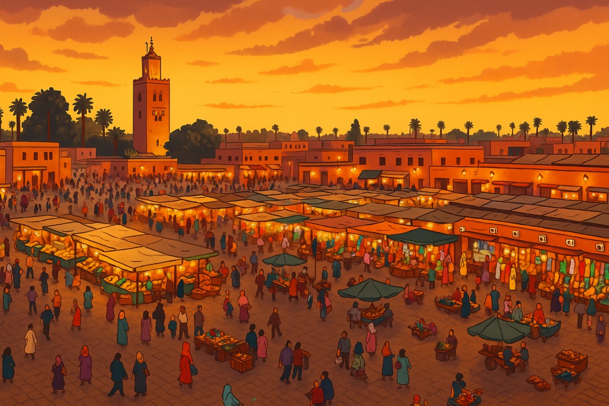 夕暮れの<a href="https://maps.app.goo.gl/cKGCPqs9bfzuA1y99" target="_blank">ジャマ・エル・フナ広場</a>