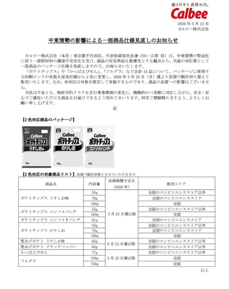 中東情勢の影響による一部商品仕様見直しのお知らせ