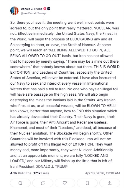 トランプ大統領４月１３日の投稿